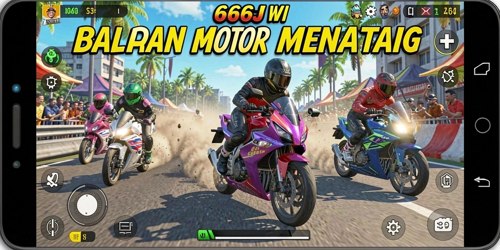 Screenshot menunjukkan aksi balapan motor cepat dan mendebarkan.