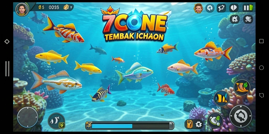 Tampilan gameplay seru dalam 7CONE saat menangkap ikan.