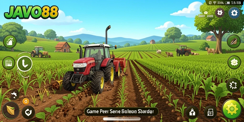 Tampilan gameplay JAVO88 yang menunjukkan aktivitas pertanian yang dinamis.