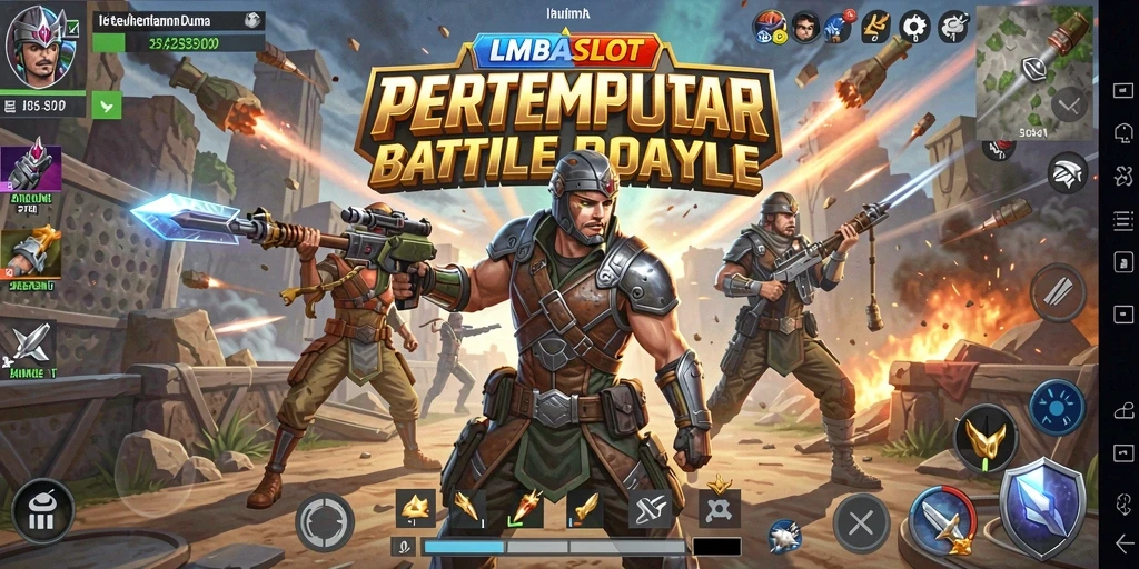 Gameplay LMBASLOT menunjukkan pertempuran seru dalam arena Battle Royale.