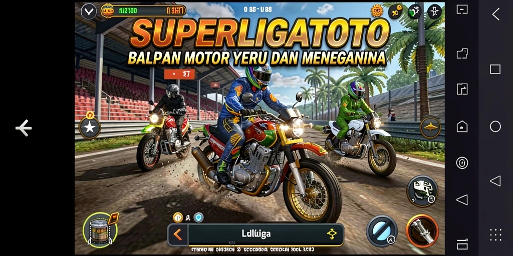 Tampilan gameplay SUPERLIGATOTO dengan motor balap di arena.